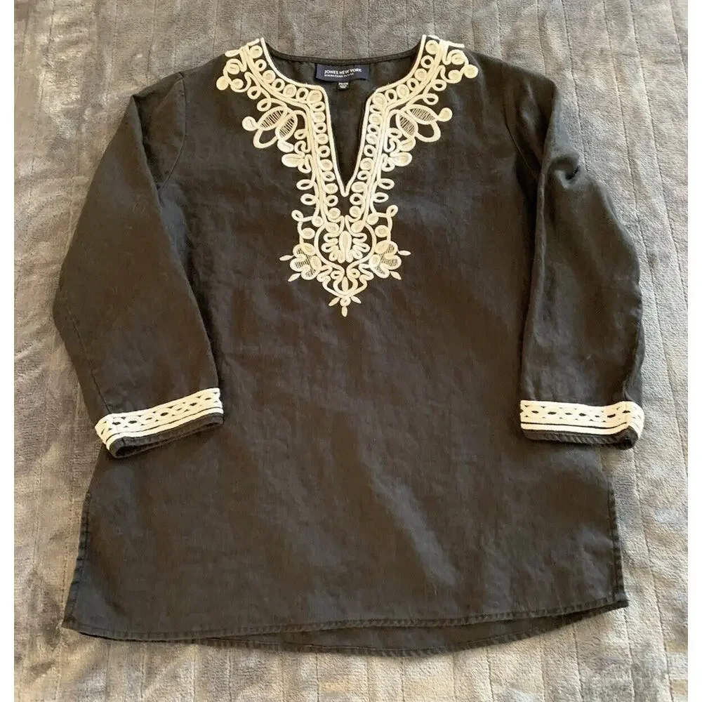 Jones New York Signature Women’s Dark Gray 100% Linen Shirt White Detail Small - Picture 3 of 11